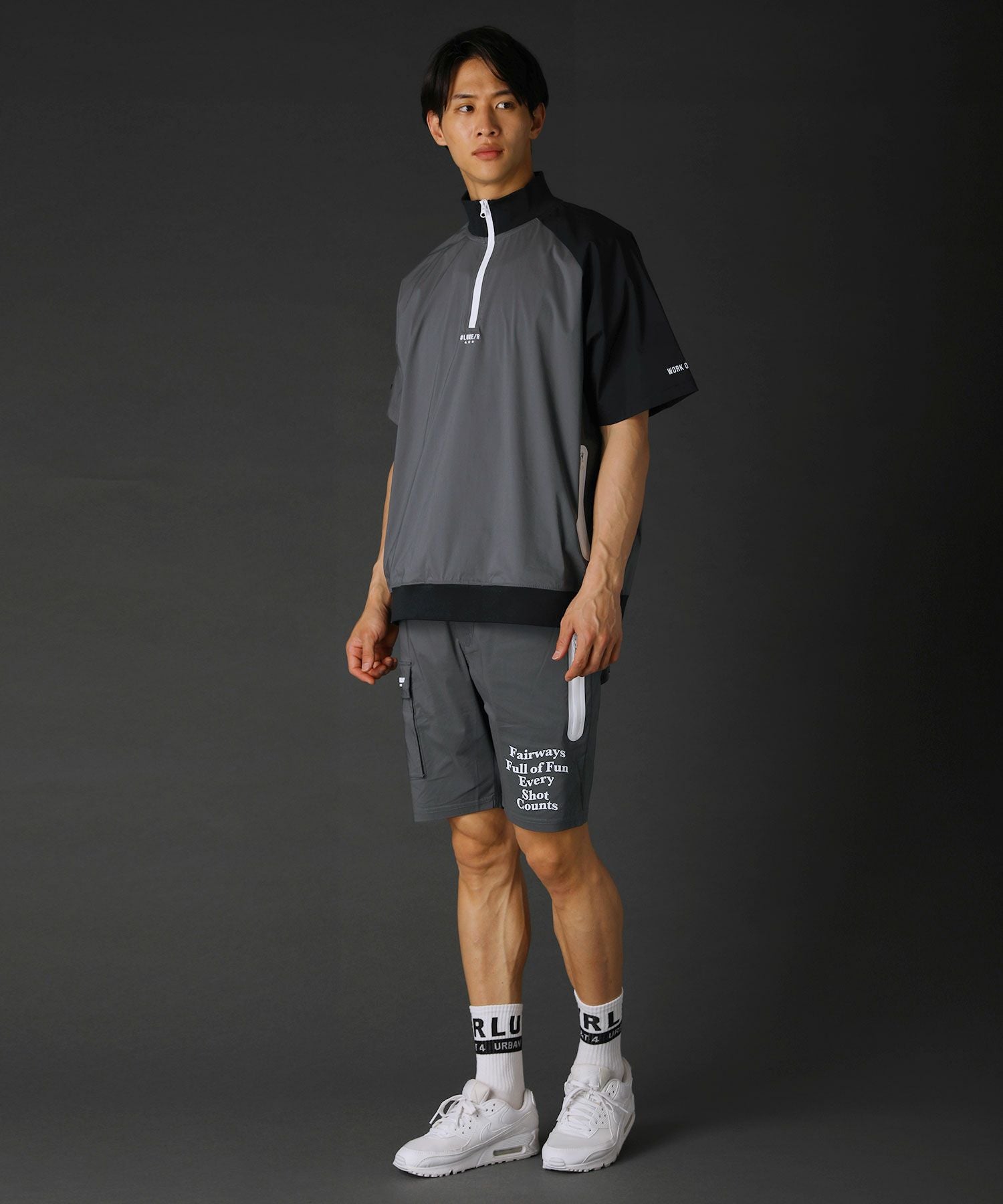 撥水加工コットンナイロンストレッチ布帛ハーフジップ止水ジップ半袖